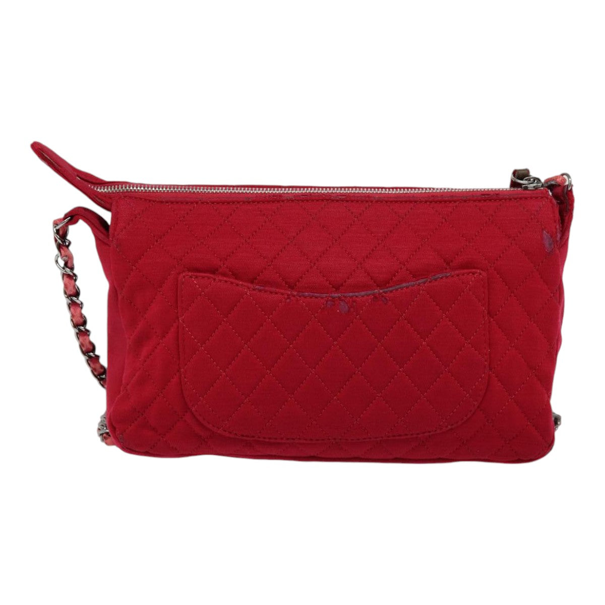 CHANEL Matelasse Chain Shoulder Bag Cotton Red Silver CC Auth bs17224