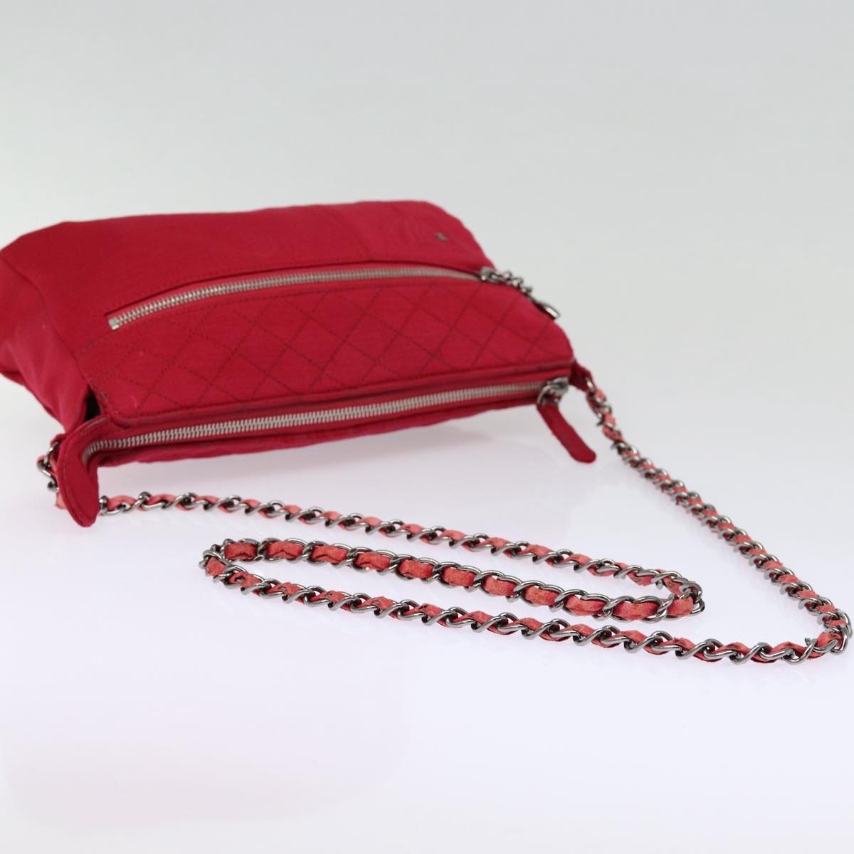 CHANEL Matelasse Chain Shoulder Bag Cotton Red Silver CC Auth bs17224