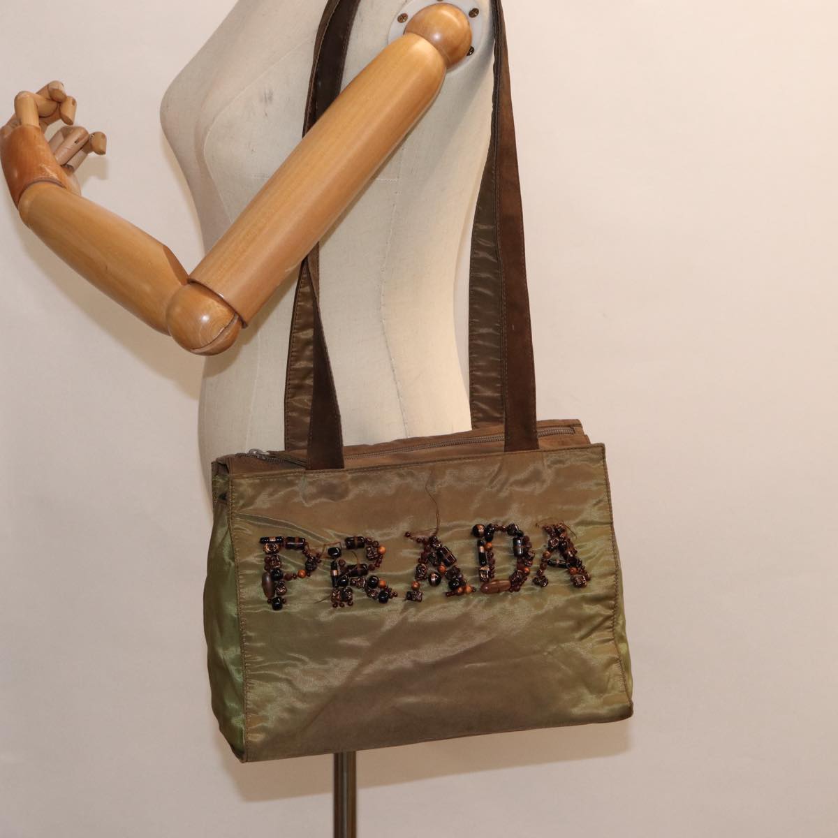 PRADA Shoulder Bag Nylon Khaki Silver Auth bs17238