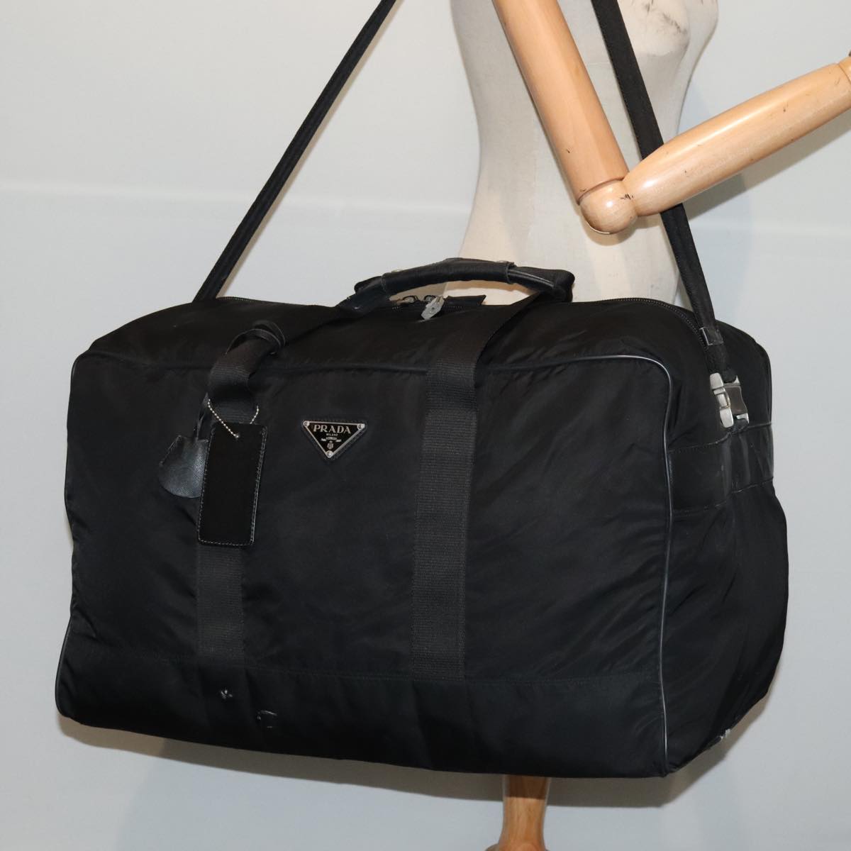 PRADA Boston Bag Nylon Black Silver Auth bs17239