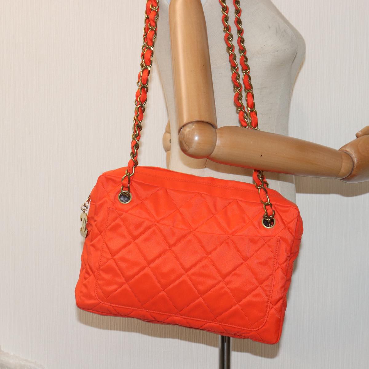 CHANEL Matelasse Chain Shoulder Bag Nylon Orange Gold CC Auth bs17255