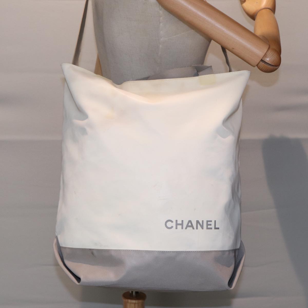 CHANEL Tote Bag Nylon 2way White Silver CC Auth bs17286