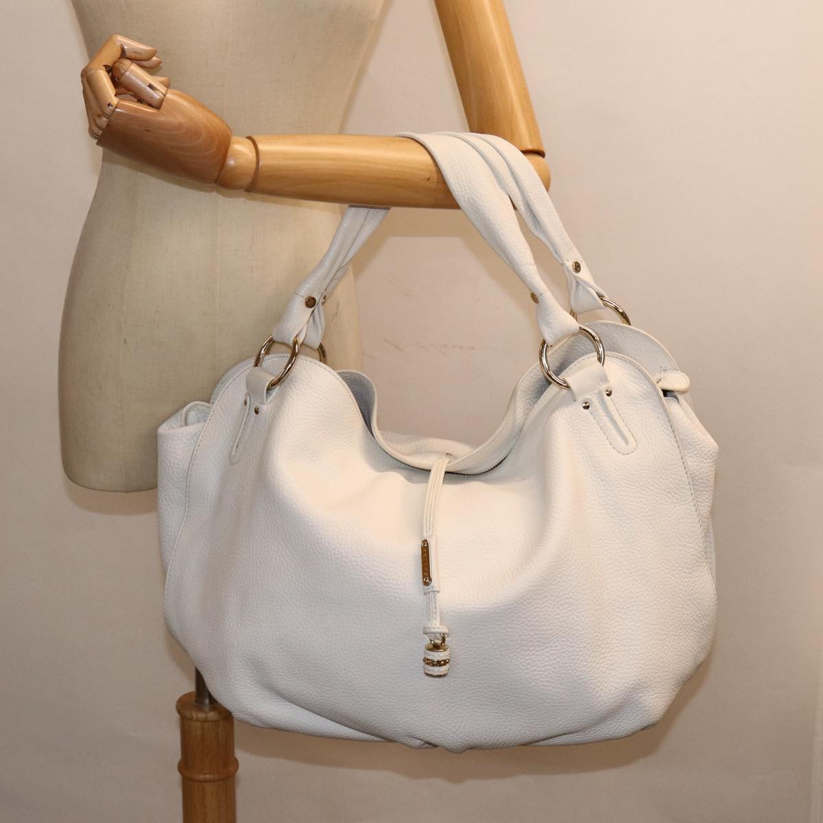 CELINE Tote Bag Leather White Silver Auth bs17291