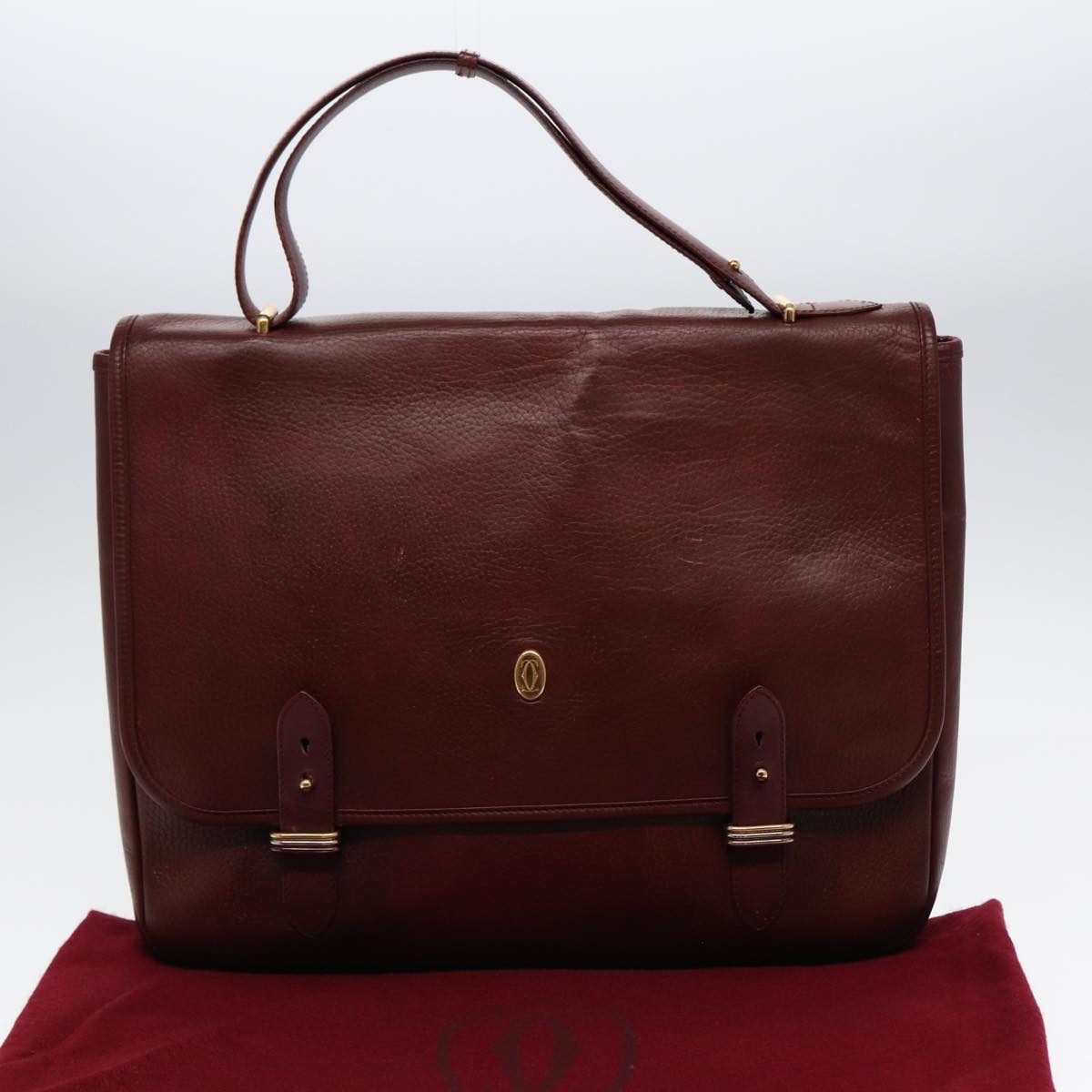 CARTIER Hand Bag Leather Wine Red Gold Auth bs17296