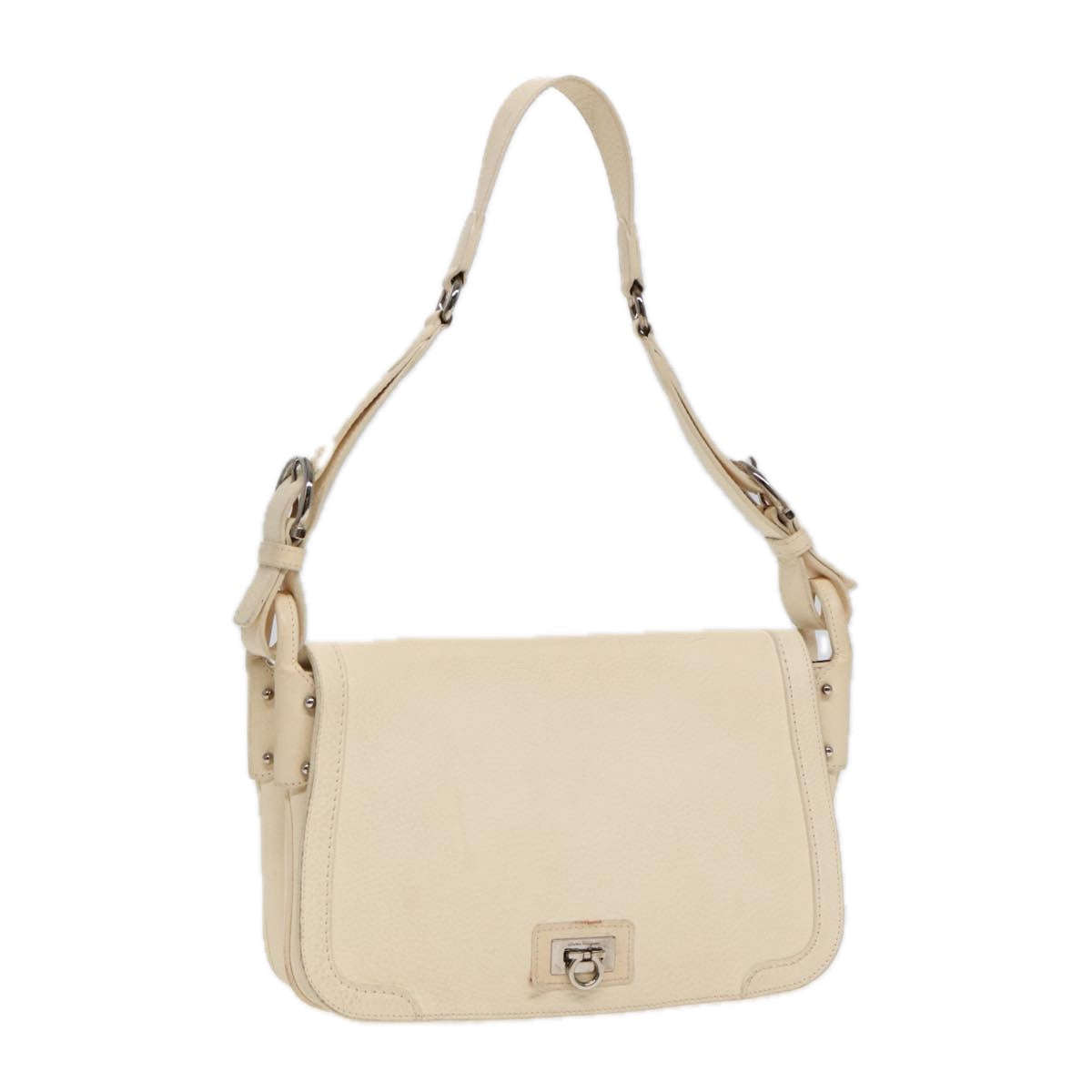 Salvatore Ferragamo Gancini Shoulder Bag Leather Cream Silver Auth bs17298