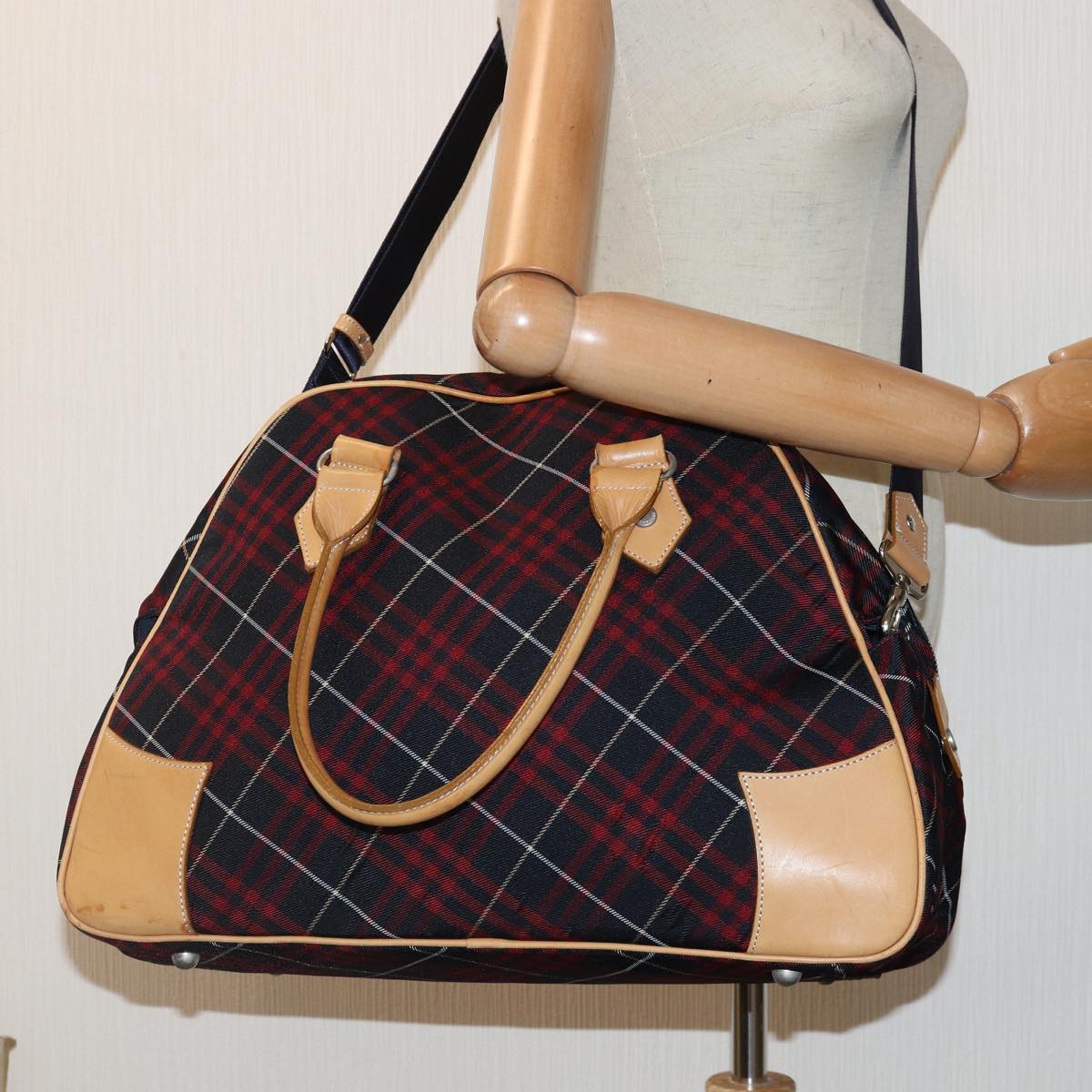 BURBERRY Nova Check Blue Label Boston Bag Nylon 2way Red Silver Auth bs17300