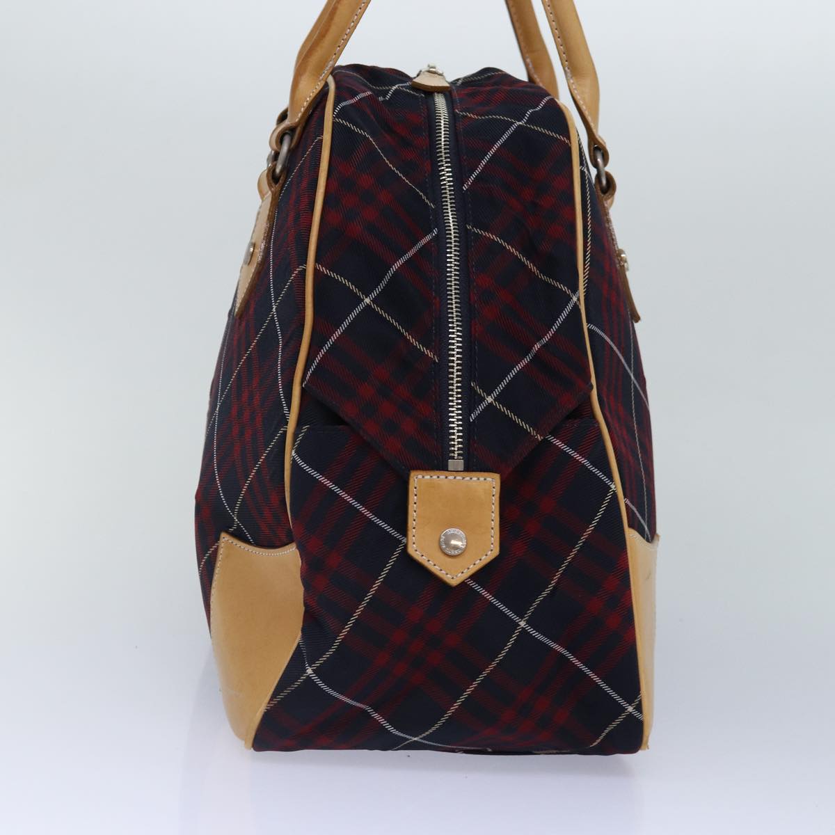 BURBERRY Nova Check Blue Label Boston Bag Nylon 2way Red Silver Auth bs17300