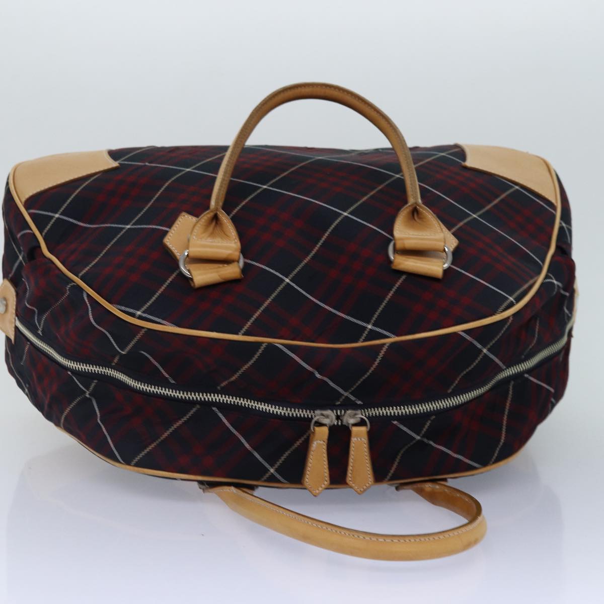 BURBERRY Nova Check Blue Label Boston Bag Nylon 2way Red Silver Auth bs17300