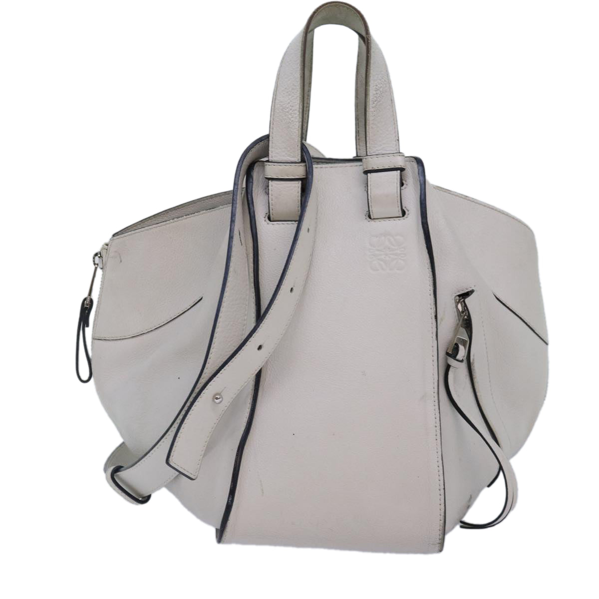 LOEWE Anagram Hammock Small Shoulder Bag Leather White Silver Auth bs17301