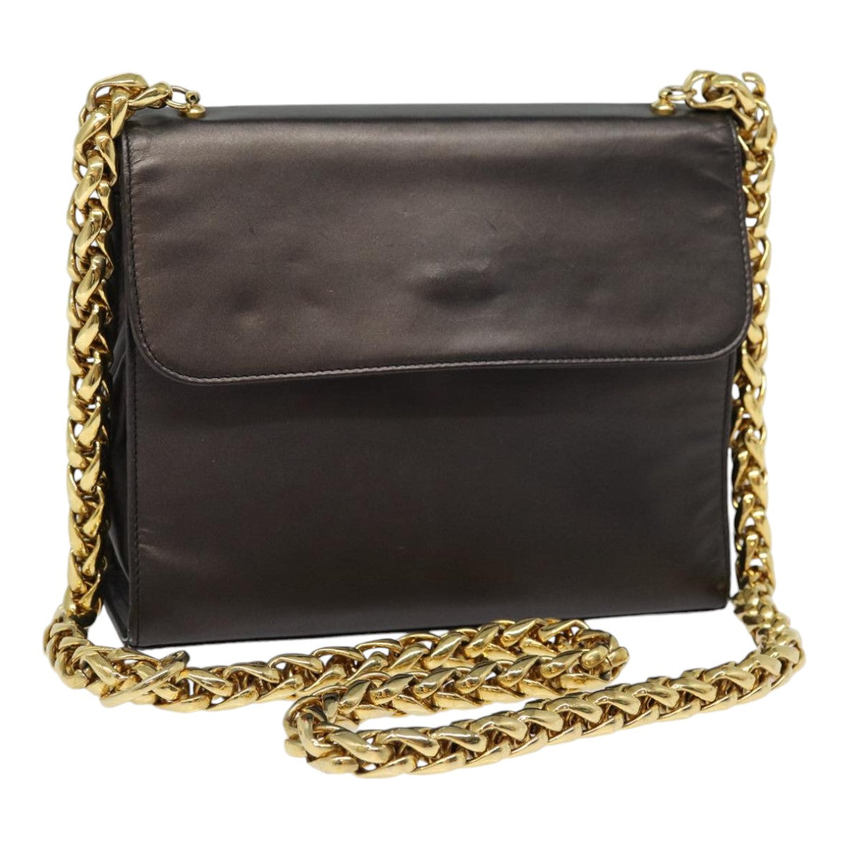 LOEWE Chain Shoulder Bag Leather Black Gold Auth bs17305