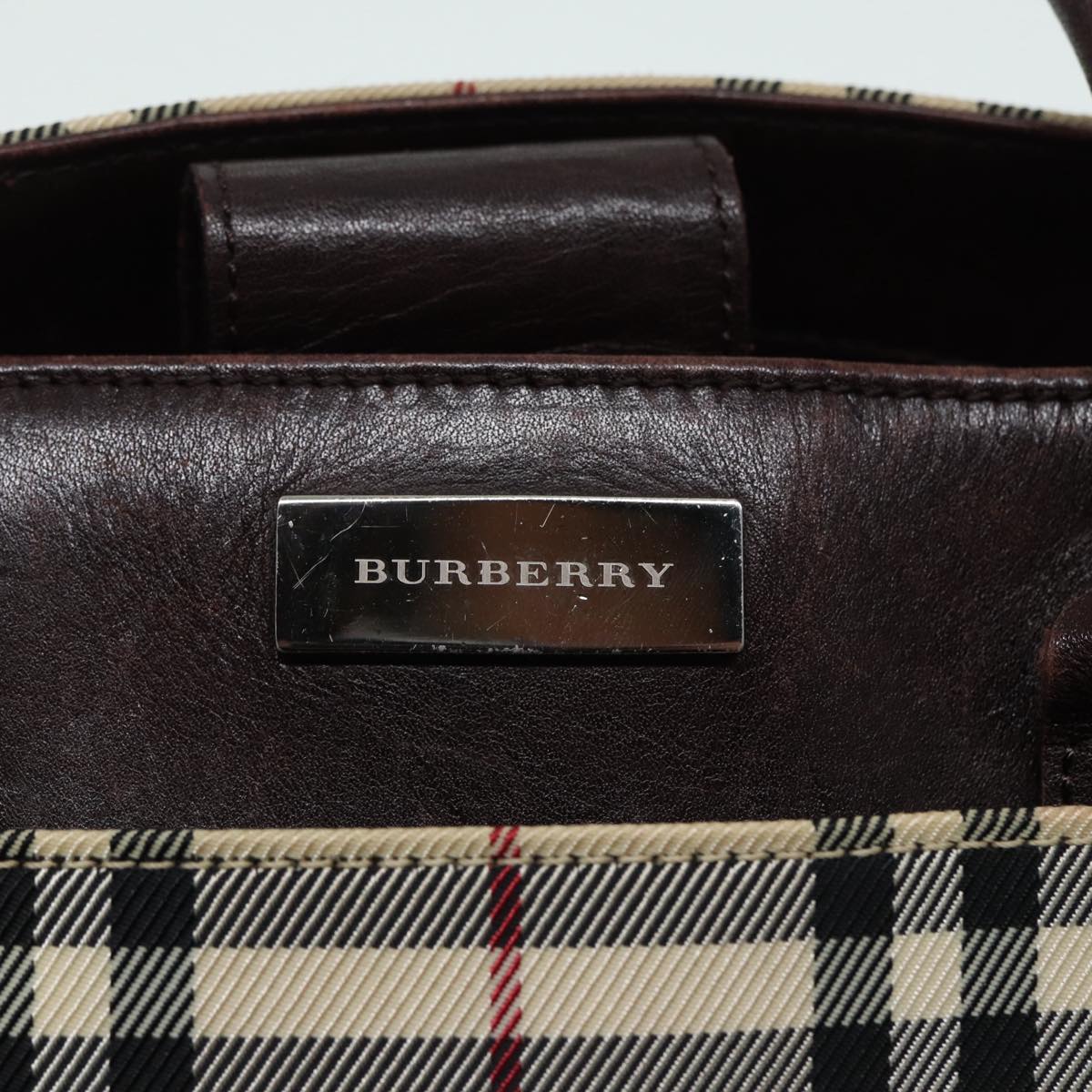 BURBERRY Nova Check Hand Bag Nylon Leather Beige Silver Auth bs17315