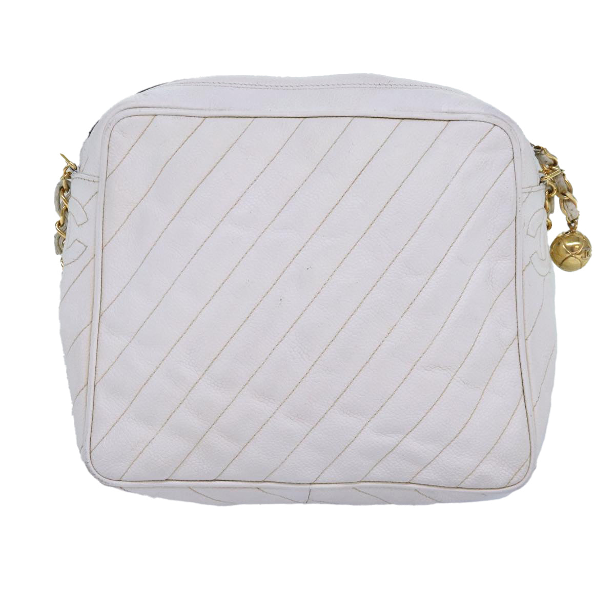 CHANEL Mademoiselle Chain Shoulder Bag Caviar Skin White Gold CC Auth bs17332