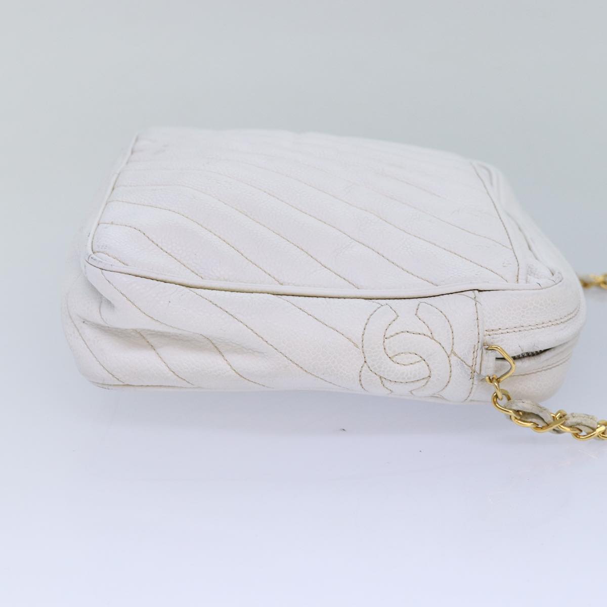 CHANEL Mademoiselle Chain Shoulder Bag Caviar Skin White Gold CC Auth bs17332