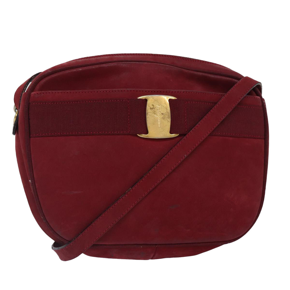 Salvatore Ferragamo Shoulder Bag Suede Red Gold Auth bs17335