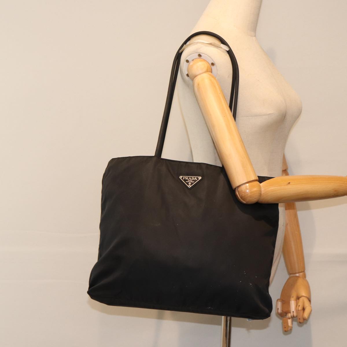 PRADA Tote Bag Nylon Black Silver Auth bs17338