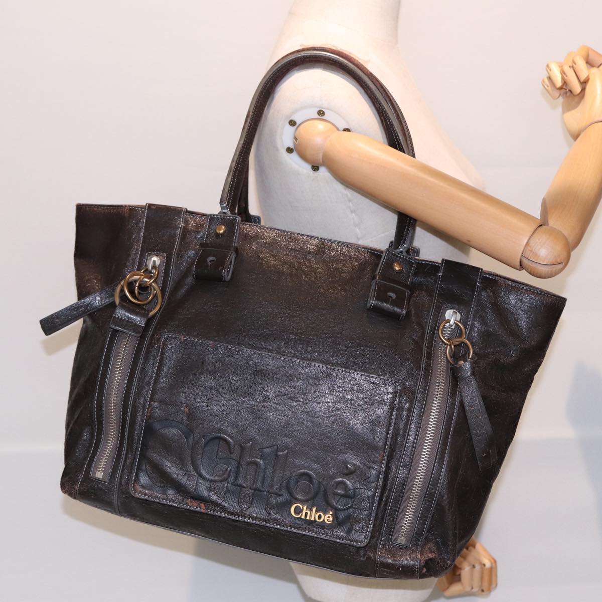 Chloe Tote Bag Leather Brown Gold Auth bs17349