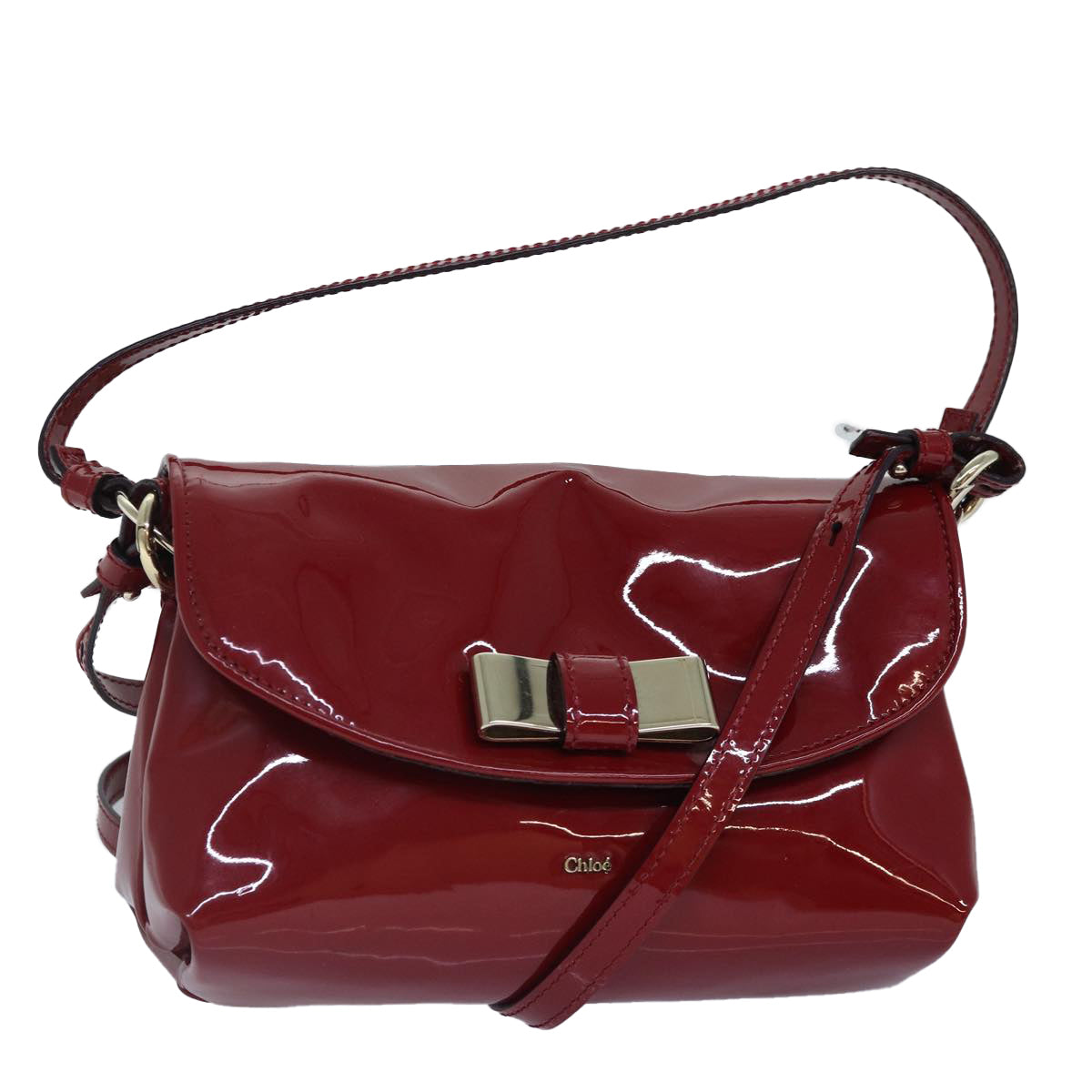 Chloe Lily Hand Bag Enamel 2way Red Gold Auth bs17351