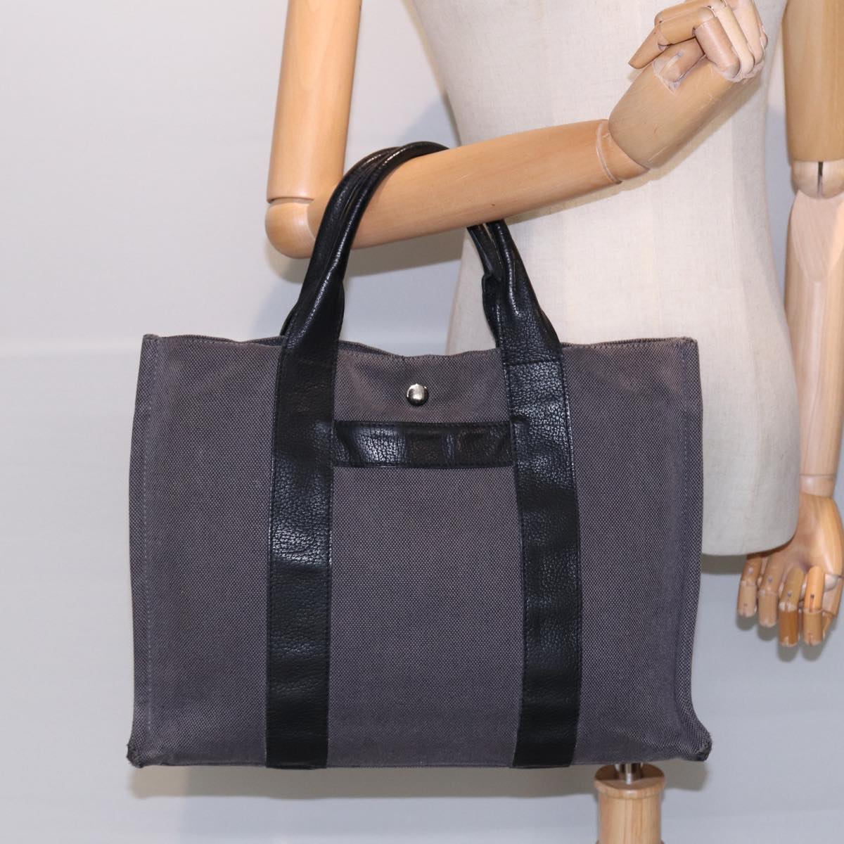 HERMES Sac Arne MM Hand Bag Canvas Leather Gray Silver Auth bs17367