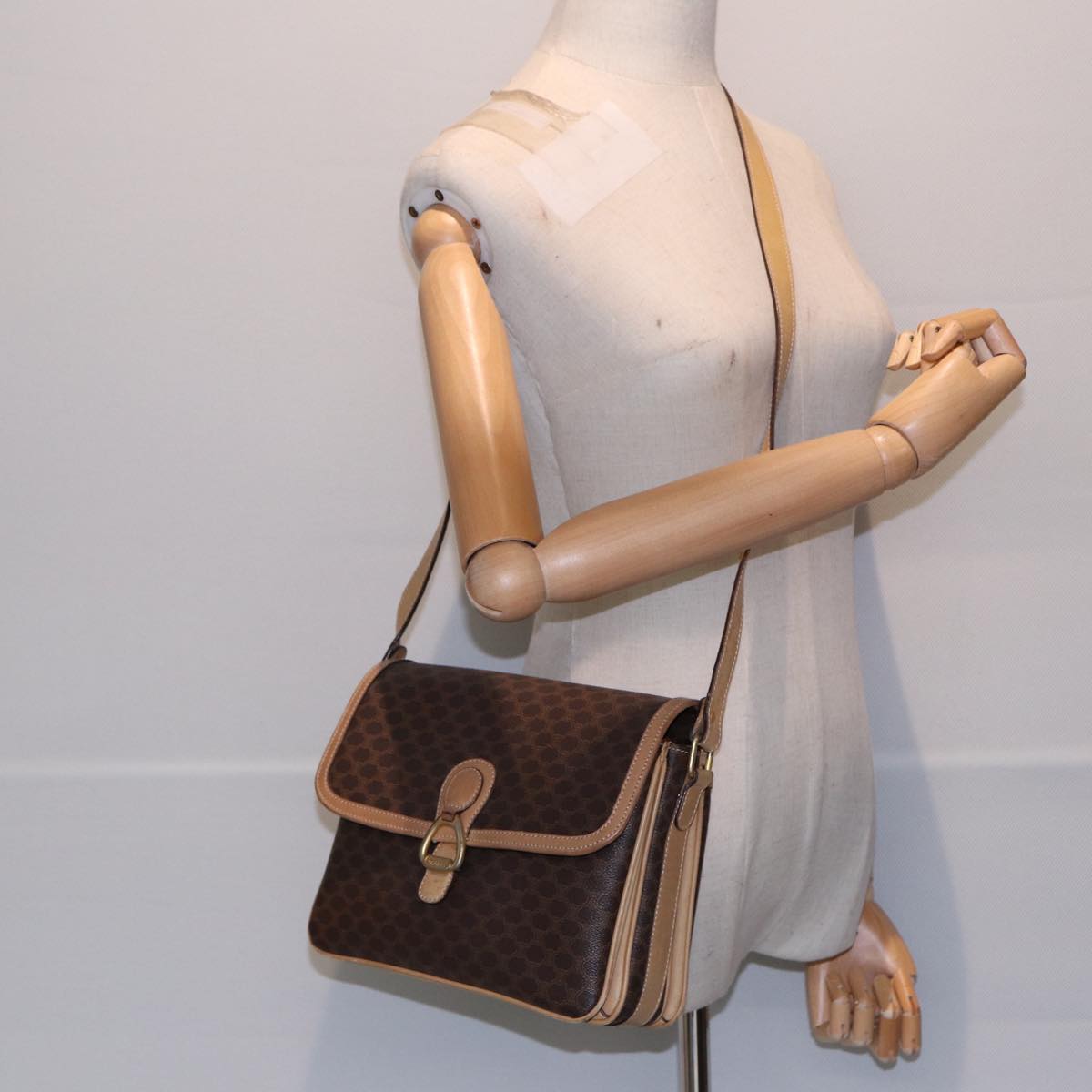 CELINE Macadam Canvas Shoulder Bag PVC Leather Brown Gold Auth bs17401