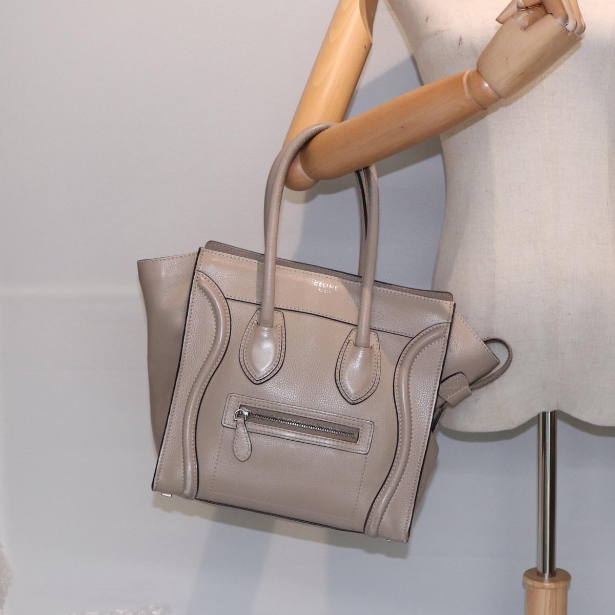 CELINE Luggage Micro Tote Bag Leather Beige Silver Auth bs17402