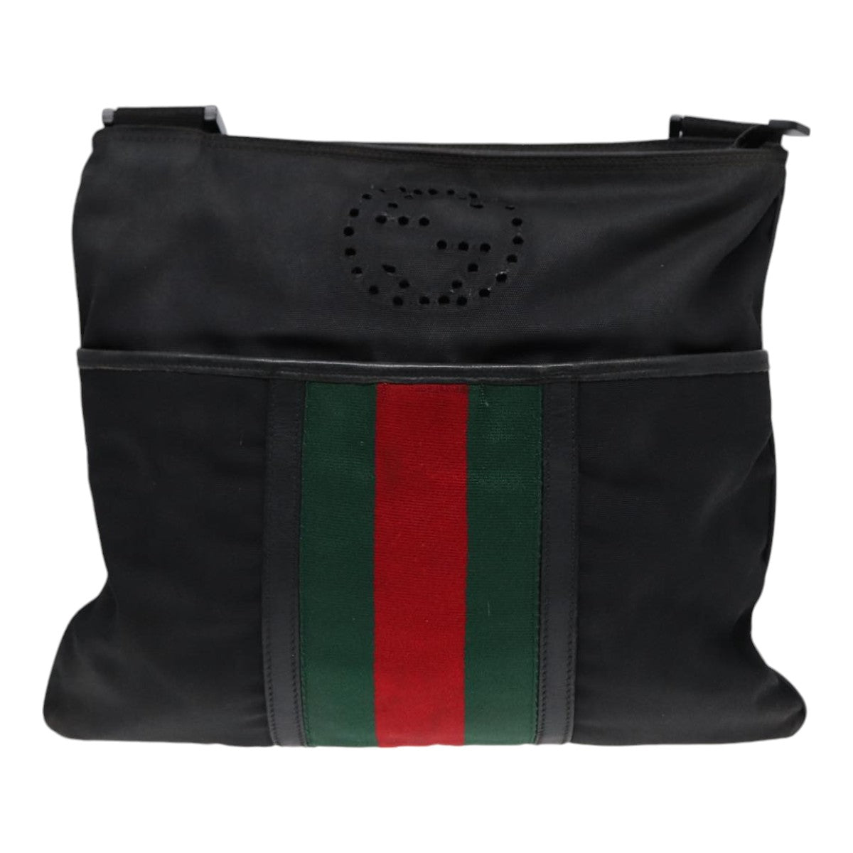 GUCCI Web Sherry Line Shoulder Bag Canvas Black Red Green 181067 Auth bs17422