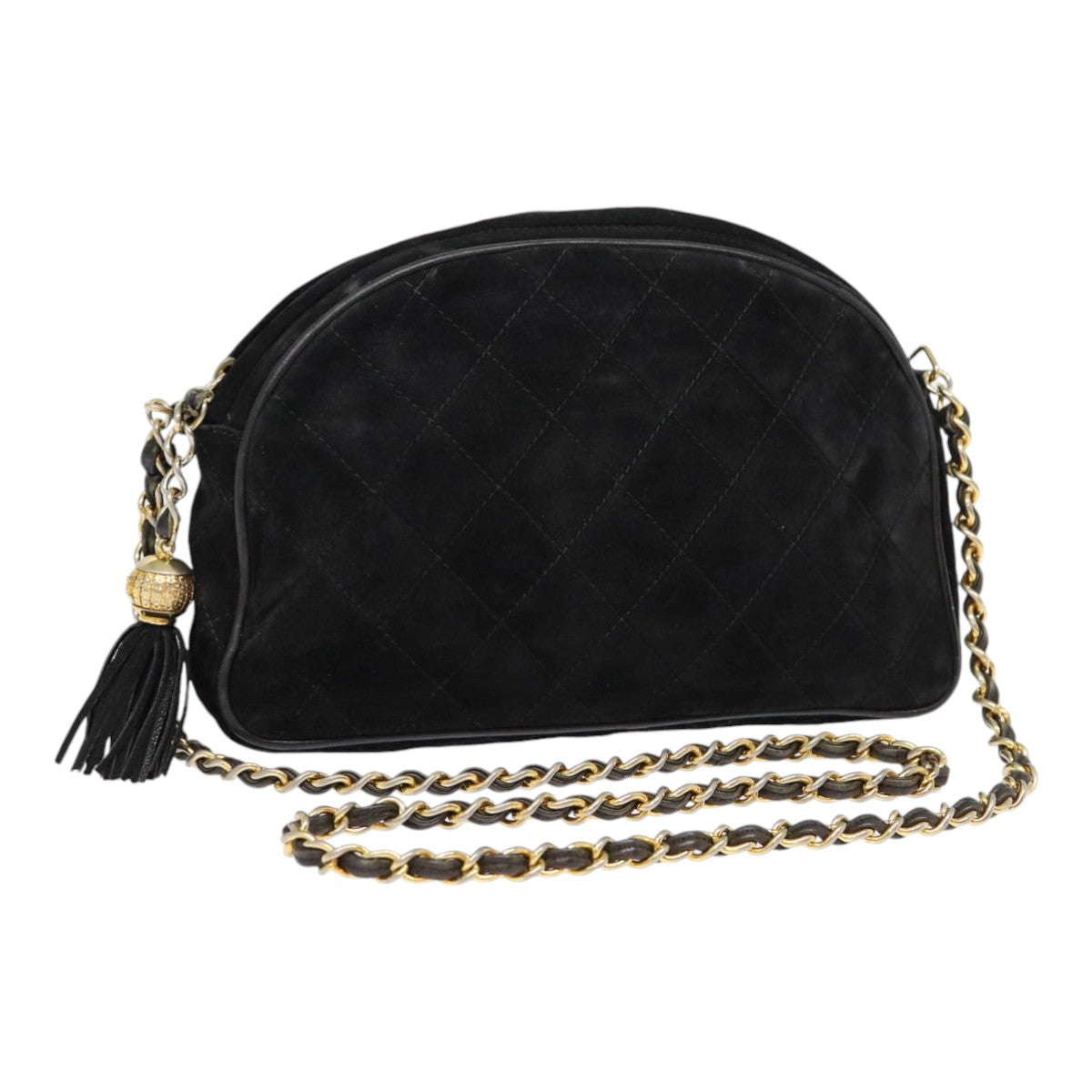 CHANEL Matelasse Chain Shoulder Bag Suede Black Gold CC Auth bs17434