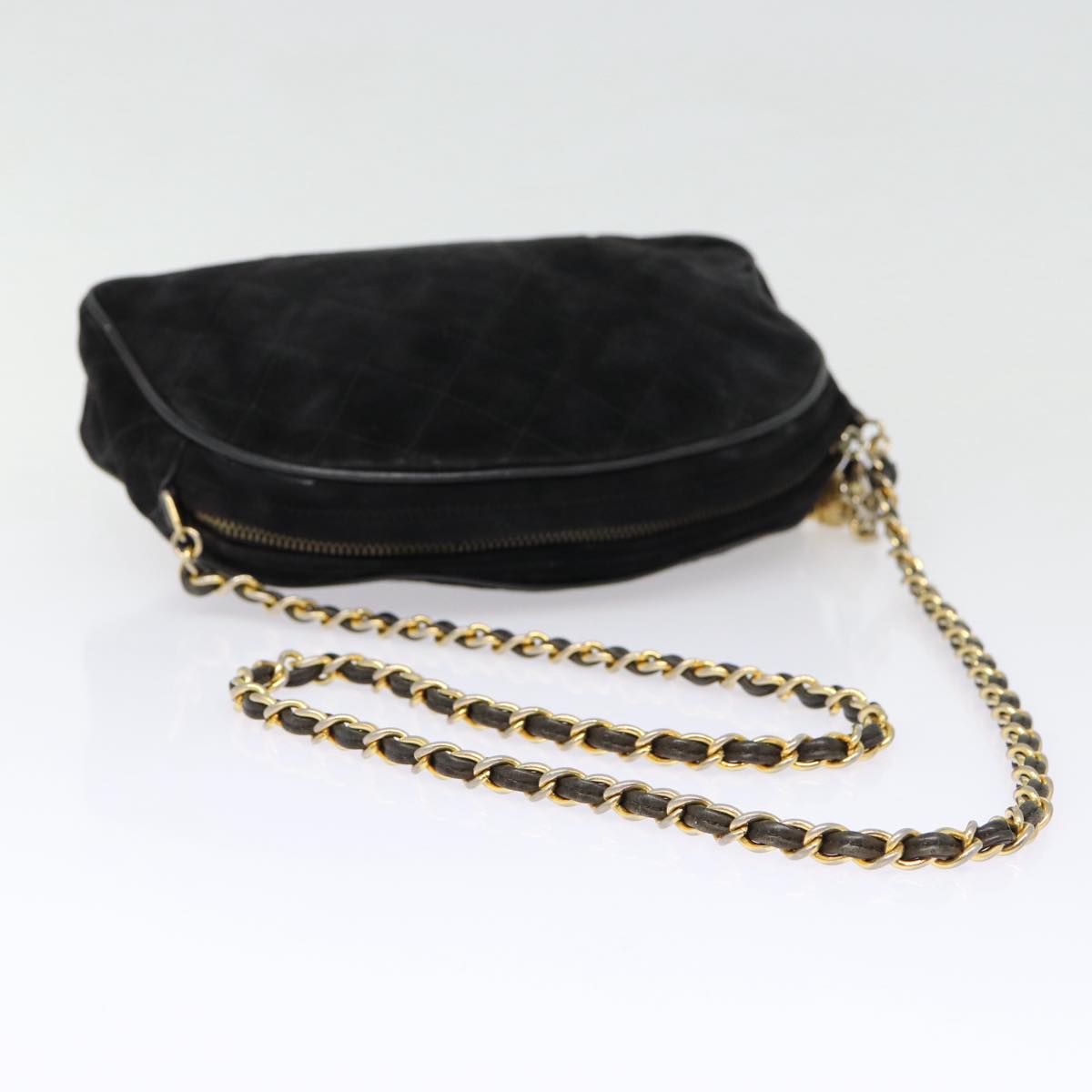 CHANEL Matelasse Chain Shoulder Bag Suede Black Gold CC Auth bs17434