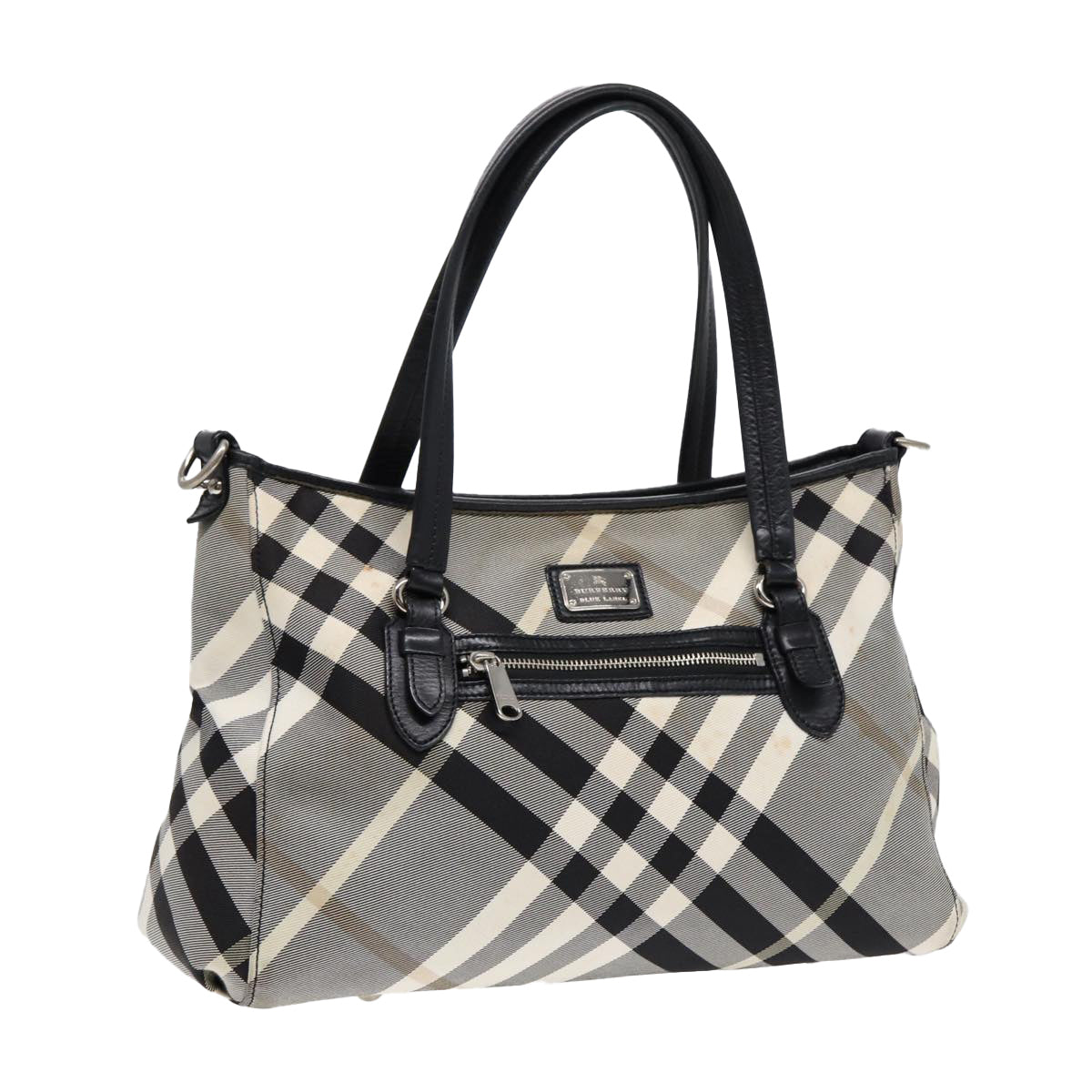 BURBERRY Nova Check Blue Label Tote Bag Canvas White Black Silver Auth bs17439