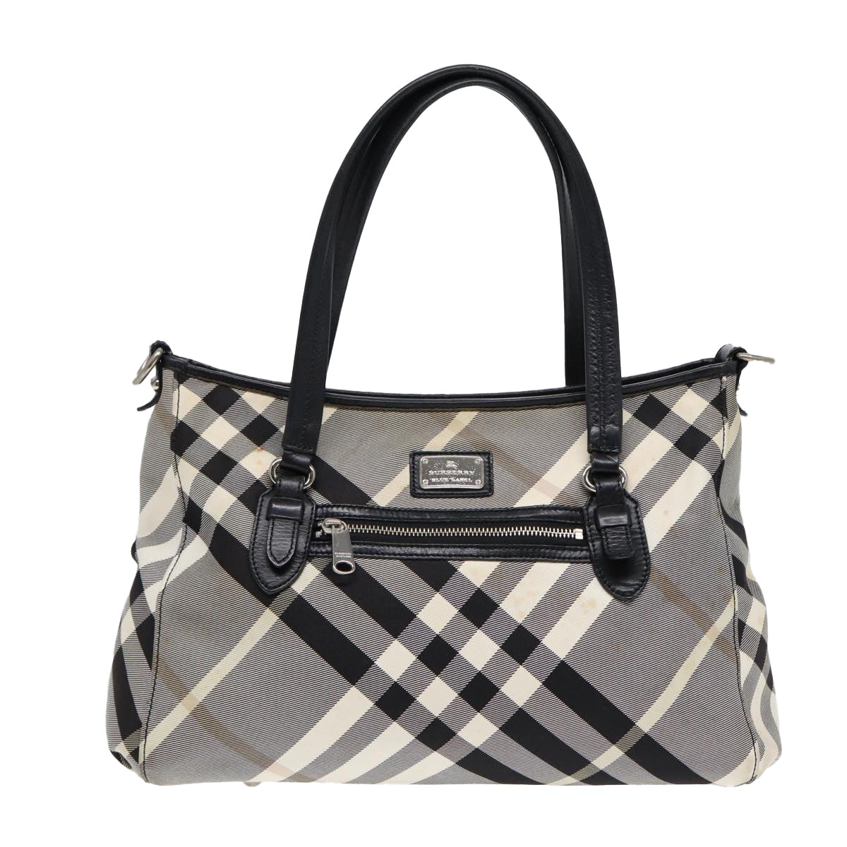 BURBERRY Nova Check Blue Label Tote Bag Canvas White Black Silver Auth bs17439