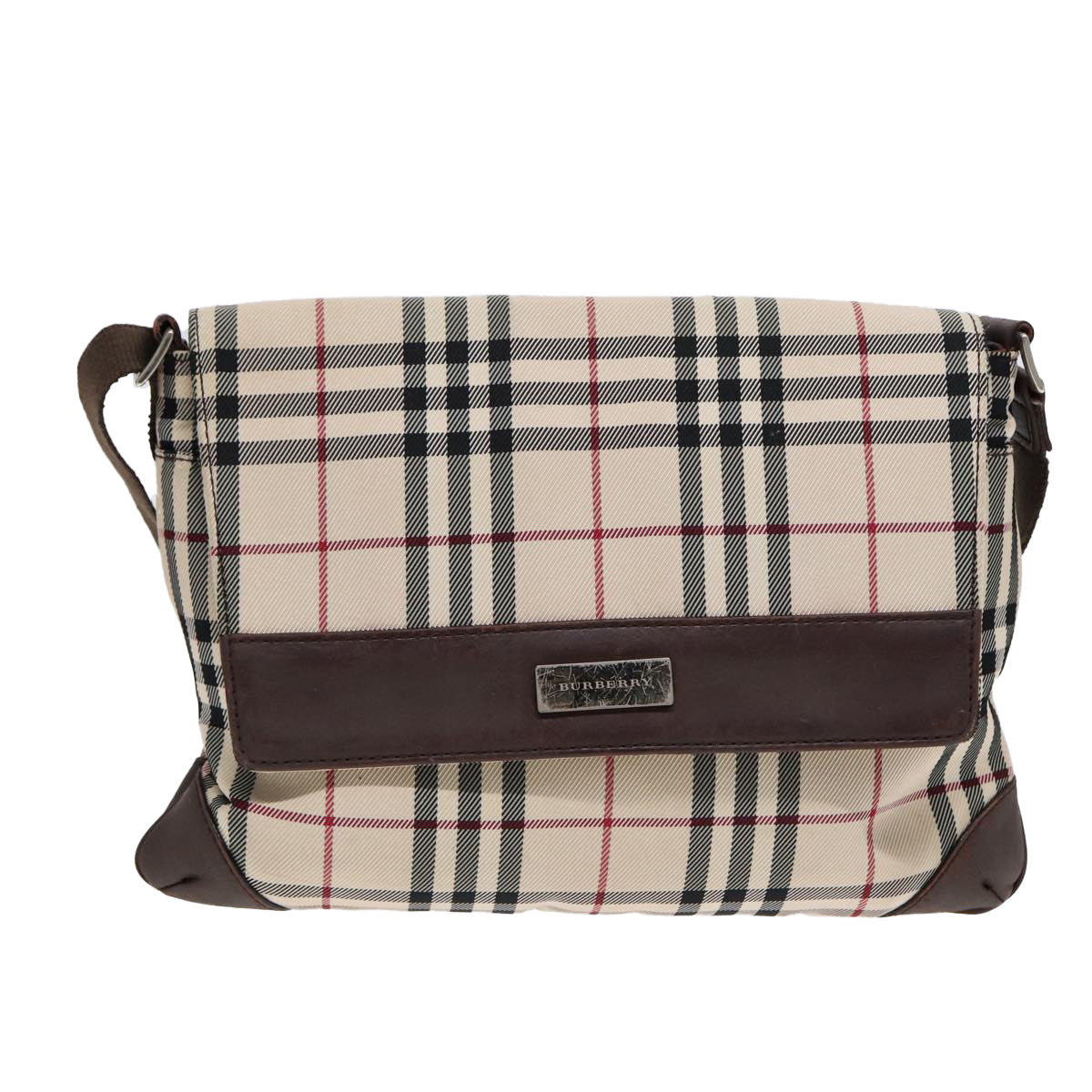 BURBERRY Nova Check Shoulder Bag Nylon Beige Brown Silver Auth bs17441