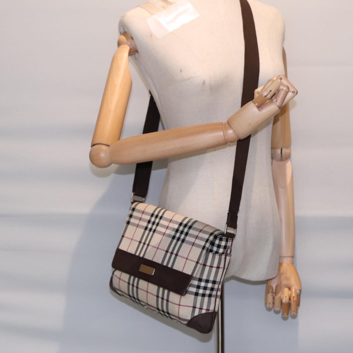 BURBERRY Nova Check Shoulder Bag Nylon Beige Brown Silver Auth bs17441