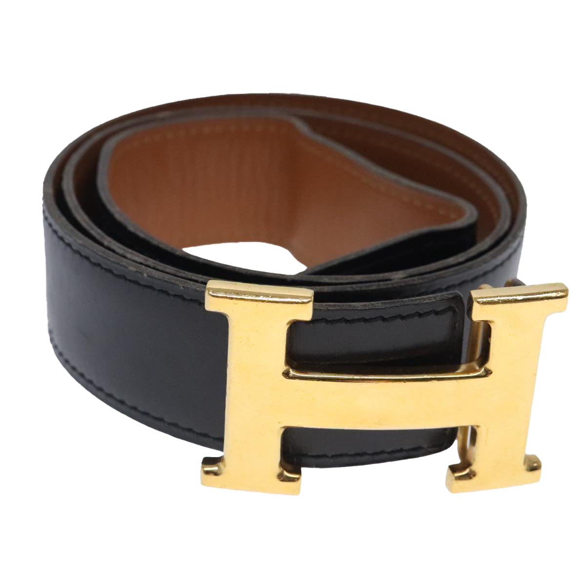 HERMES Constance belt Belt Leather 32.3"" Black Gold Auth bs17456