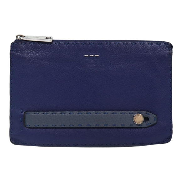 FENDI Clutch Bag Leather Blue Silver Auth bs17465