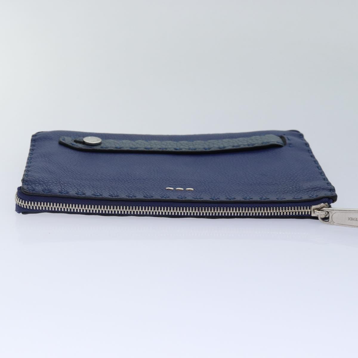 FENDI Clutch Bag Leather Blue Silver Auth bs17465