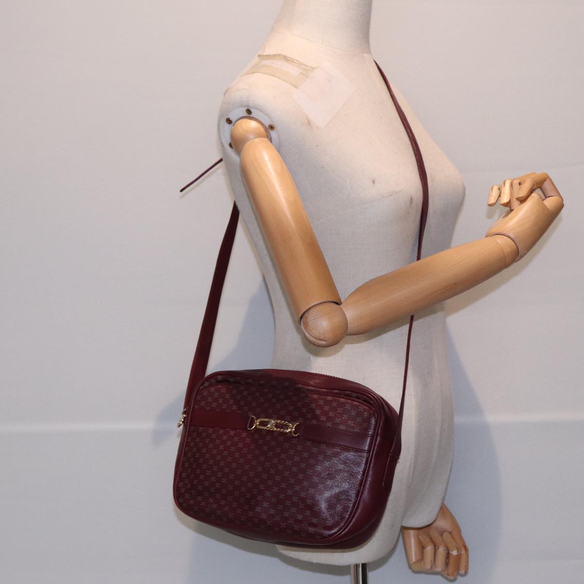 CELINE Macadam Canvas Shoulder Bag Red Gold Auth bs17472