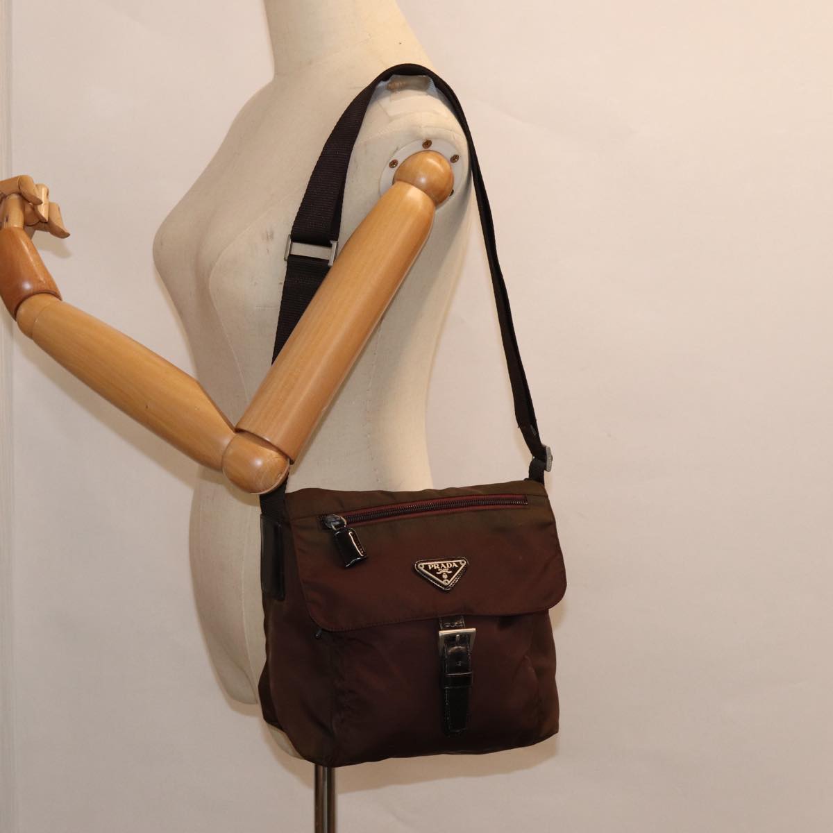 PRADA Shoulder Bag Nylon Brown Silver Auth bs17504