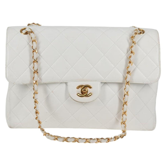 CHANEL Matelasse Double Face Chain Bag Lamb Skin White Gold CC Auth bs17533A