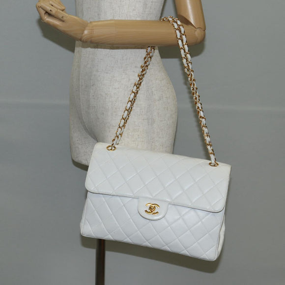 CHANEL Matelasse Double Face Chain Bag Lamb Skin White Gold CC Auth bs17533A