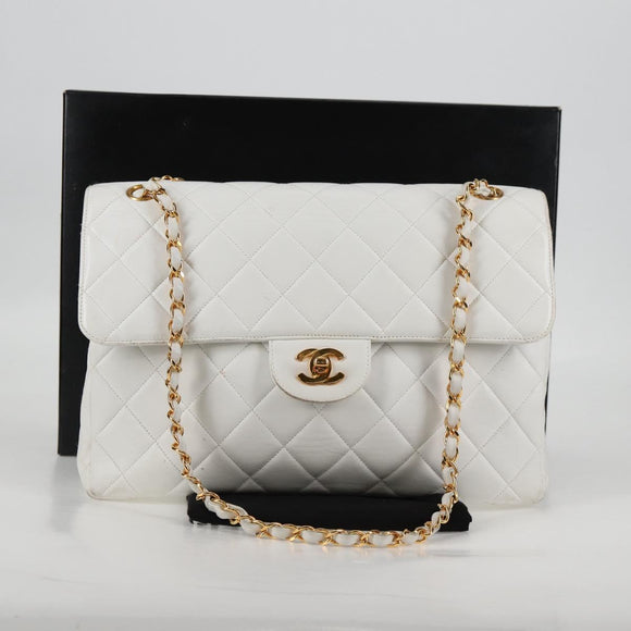 CHANEL Matelasse Double Face Chain Bag Lamb Skin White Gold CC Auth bs17533A