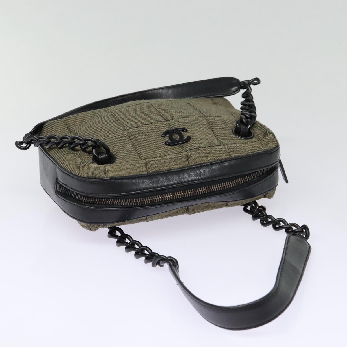 CHANEL Choco Bar Chain Hand Bag Cotton Gray CC Auth bs17534