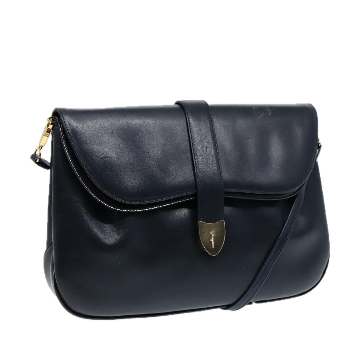 Salvatore Ferragamo Shoulder Bag Leather Navy Gold Auth bs17550