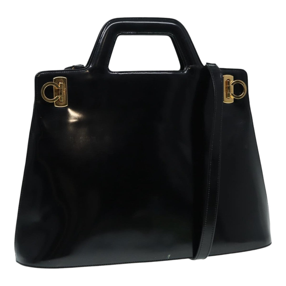 Salvatore Ferragamo Gancini Hand Bag Patent Leather 2way Black Gold Auth bs17553