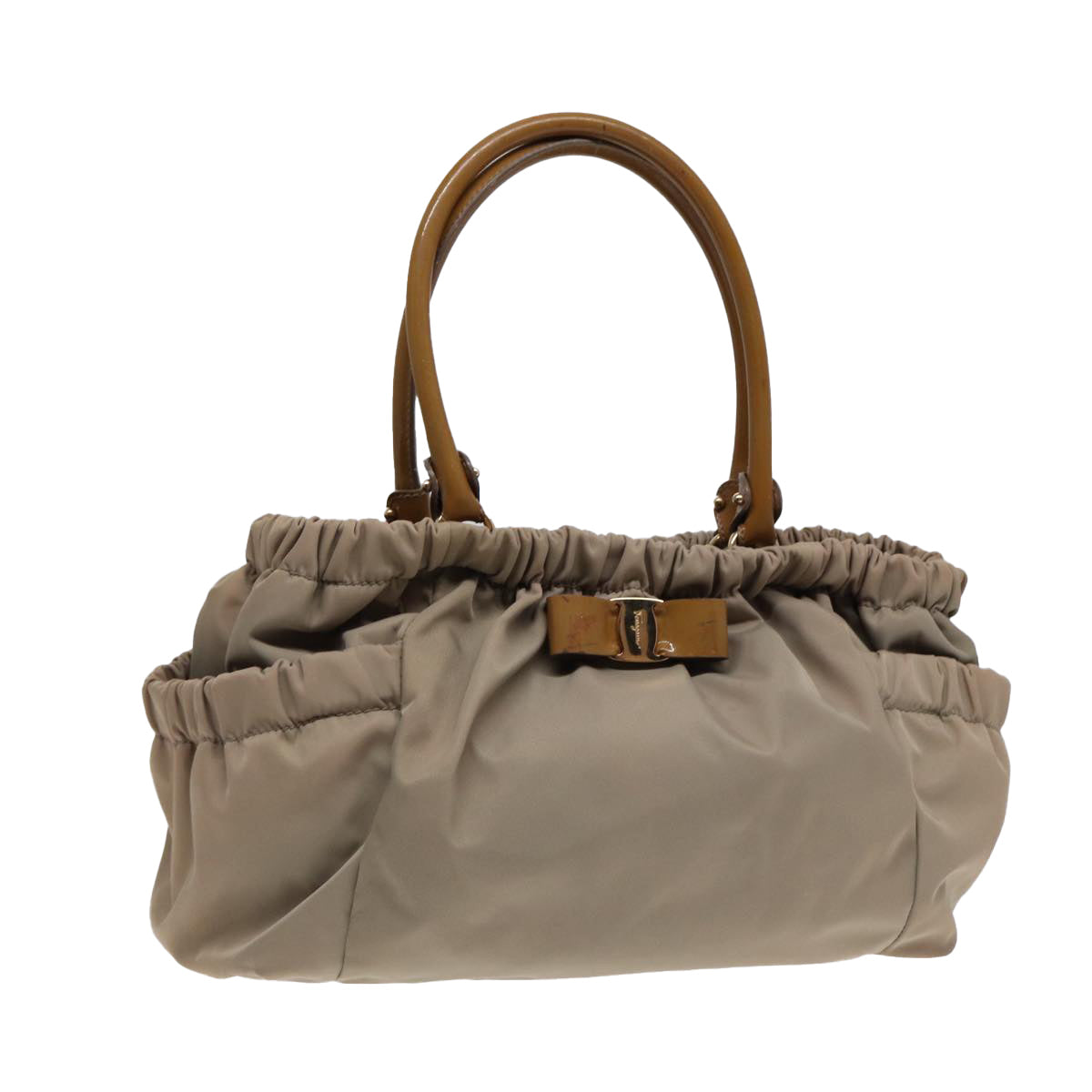 Salvatore Ferragamo Hand Bag Nylon Beige Gold Auth bs17554