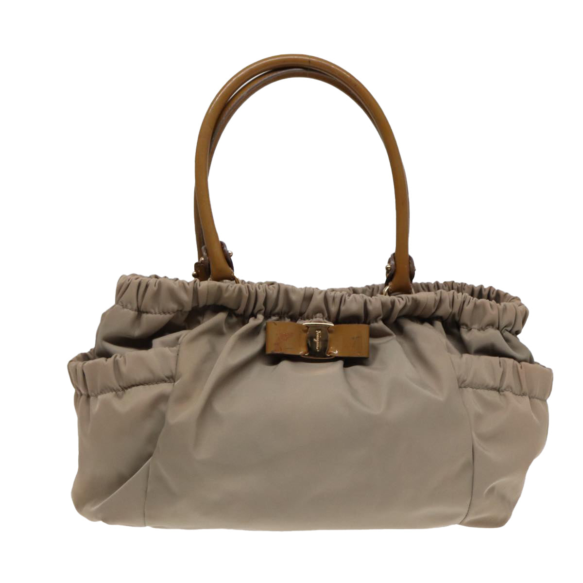 Salvatore Ferragamo Hand Bag Nylon Beige Gold Auth bs17554 - 0