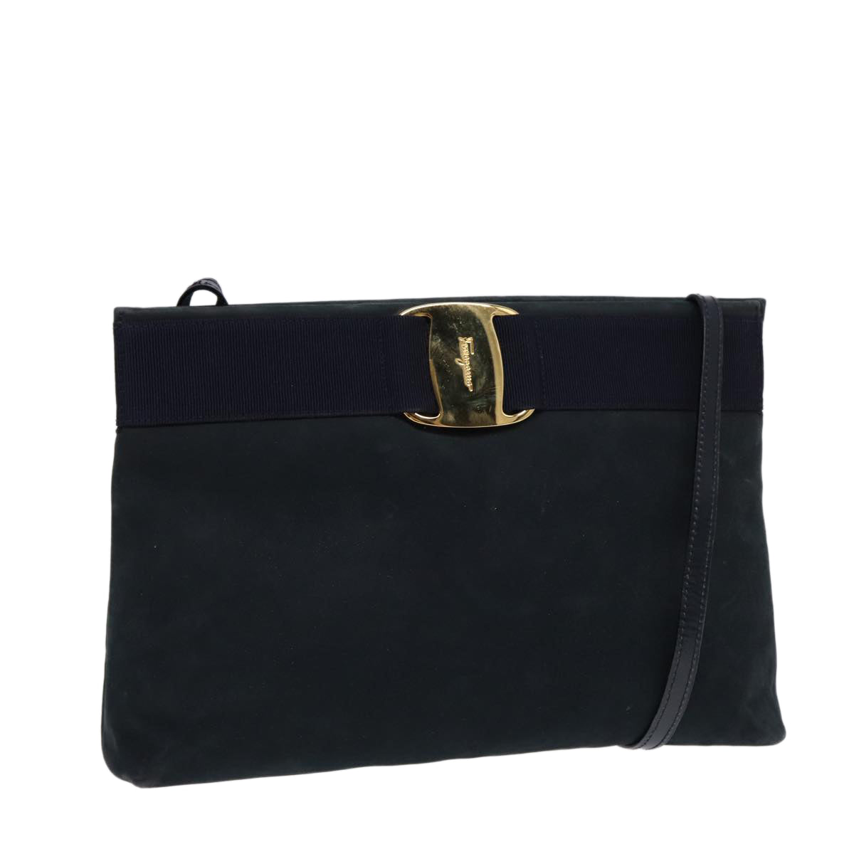 Salvatore Ferragamo Shoulder Bag Suede Navy Gold Auth bs17555