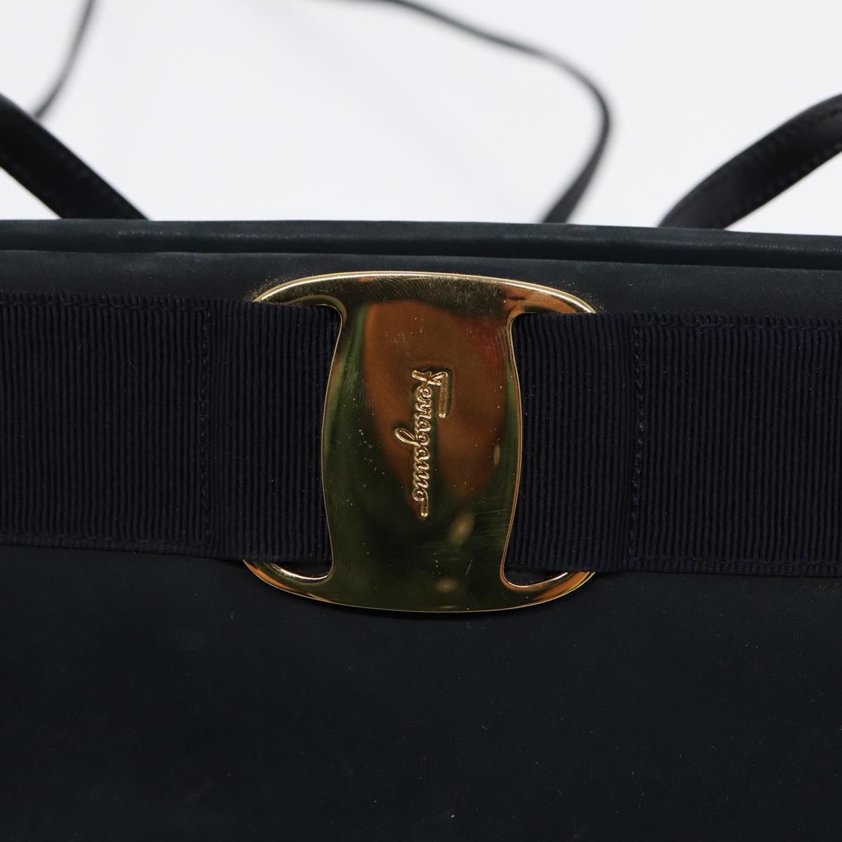 Salvatore Ferragamo Shoulder Bag Suede Navy Gold Auth bs17555