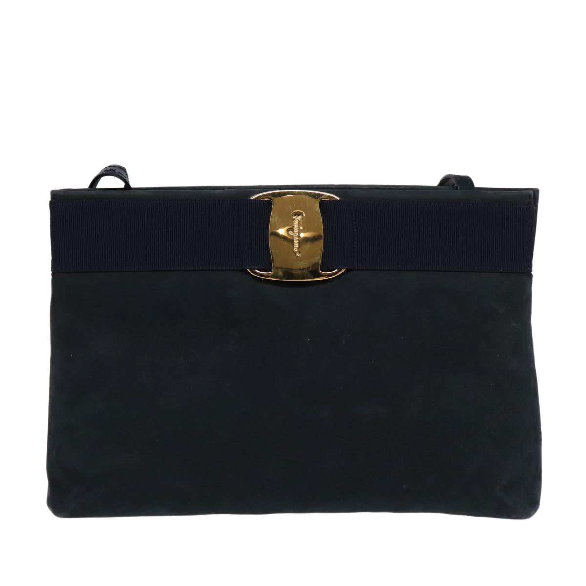 Salvatore Ferragamo Shoulder Bag Suede Navy Gold Auth bs17555