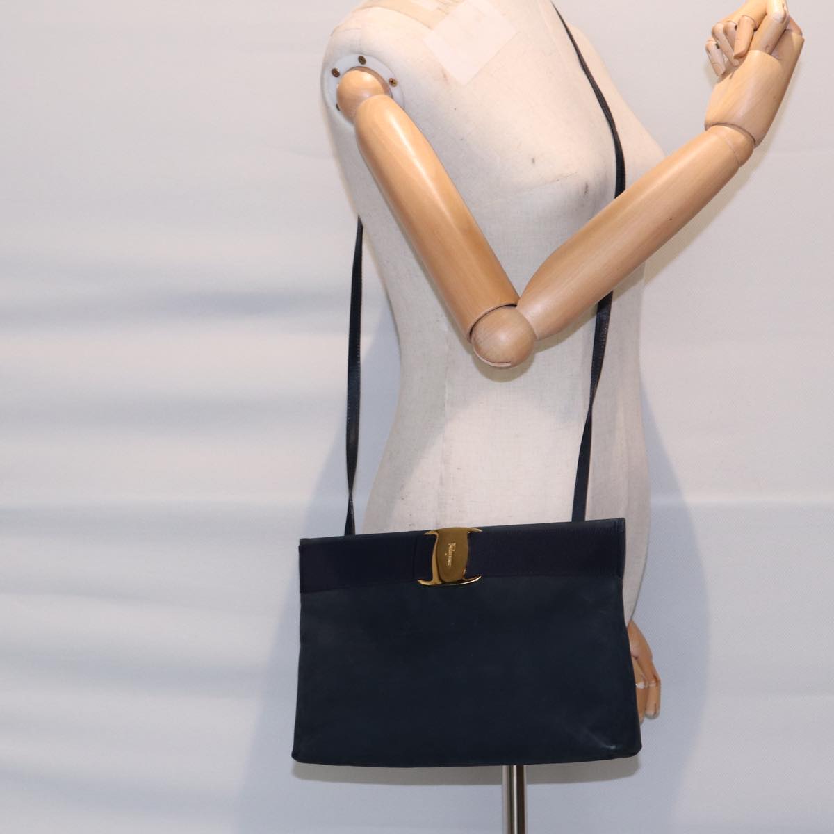 Salvatore Ferragamo Shoulder Bag Suede Navy Gold Auth bs17555