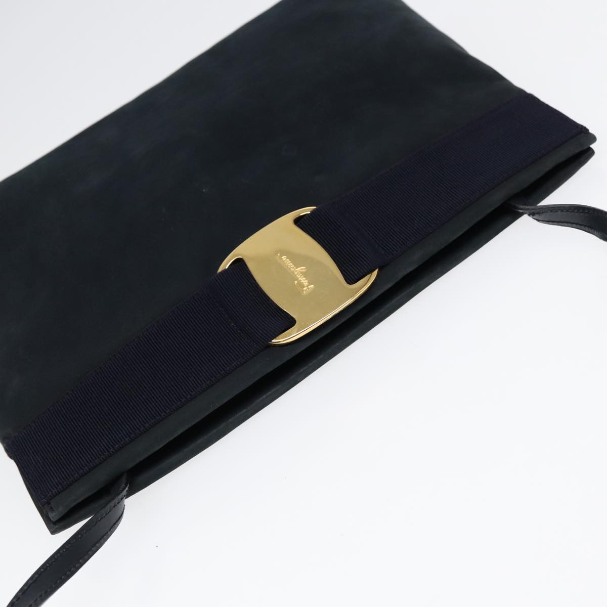 Salvatore Ferragamo Shoulder Bag Suede Navy Gold Auth bs17555