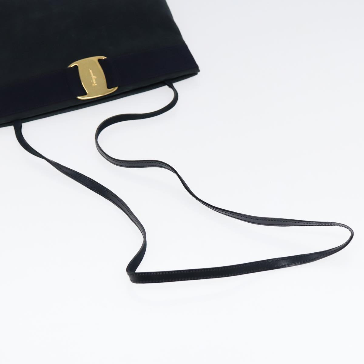 Salvatore Ferragamo Shoulder Bag Suede Navy Gold Auth bs17555